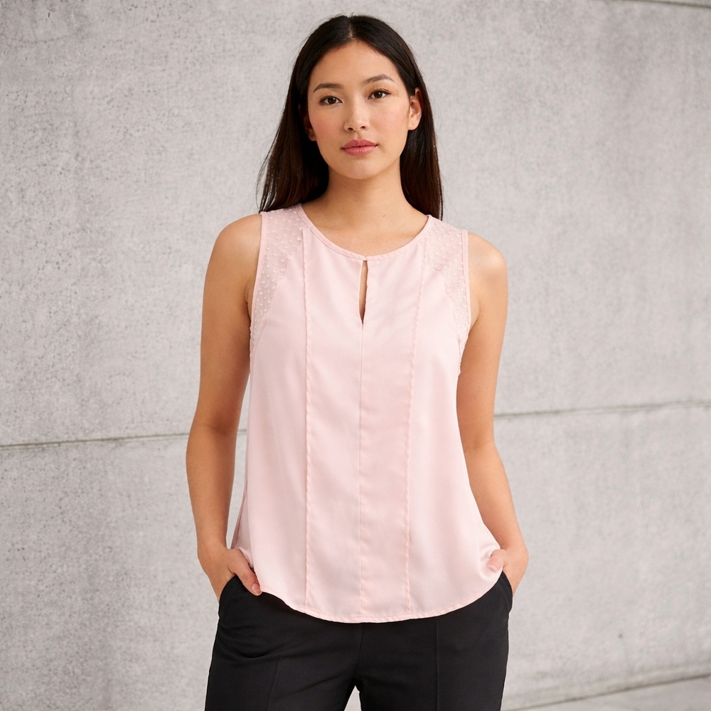 Anthropologie Maeve Blush Pink Sleeveless Blouse Swiss Dot Shoulder Detail